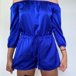Off the shoulder blue silk romper